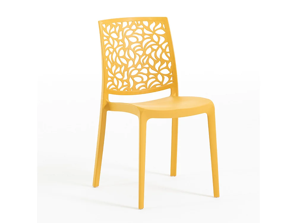 Lot de jardin avec table et 6 chaises, table rectangulaire avec structure en acier et chaises monobloc empilables en résine–Thomas+Anna/Moutarde-Blanc