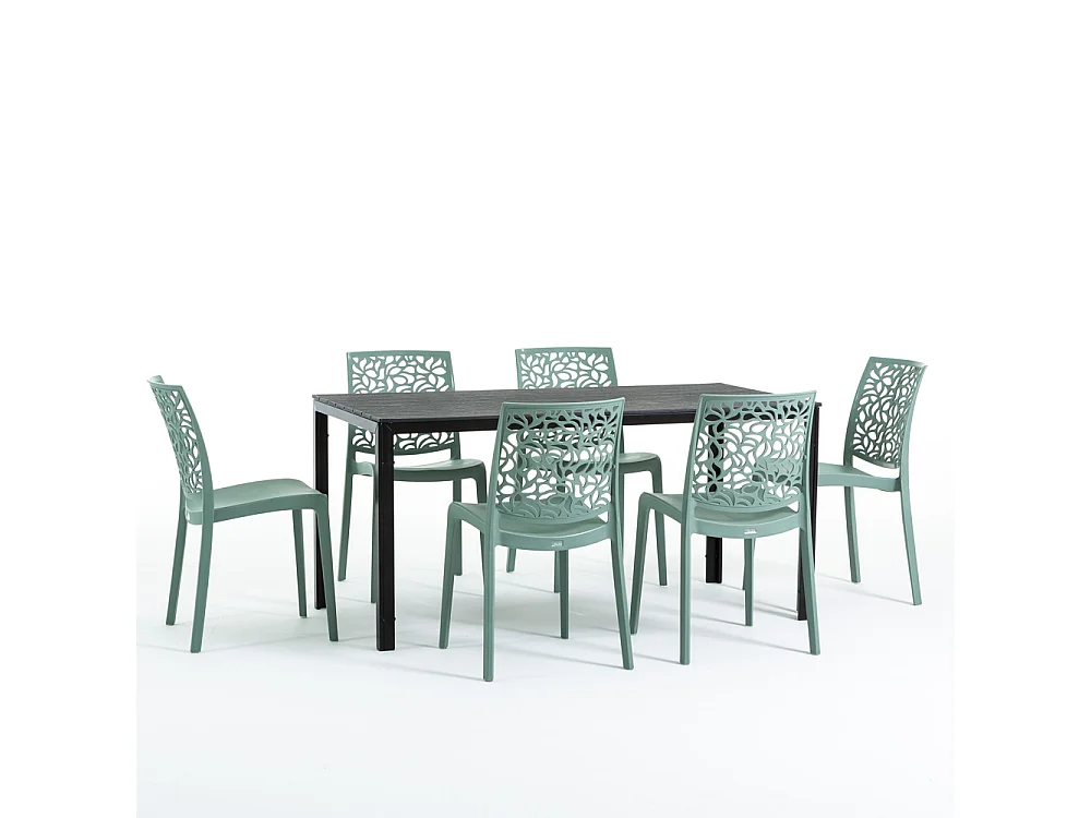 Lot de jardin avec table et 6 chaises,table rectangulaire avec structure en acier et chaises monobloc empilables en résine–Thomas+Anna/Vert sauge-Noir