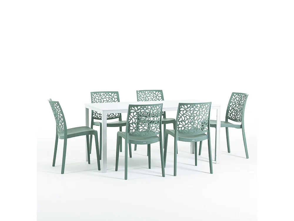 Set da giardino con tavolo e 6 sedie, tavolo rettangolare con struttura in acciaio e sedie monoblocco impilabili in resina – Thomas + Anna / Verde Salvia-Bianco