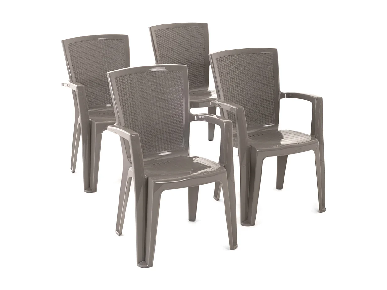 Set de 4 chaises monobloc en polypropylène avec fibre de verre, effet rotin, empilables pour extérieur et jardin, bar et restaurant - Diana - Taupe