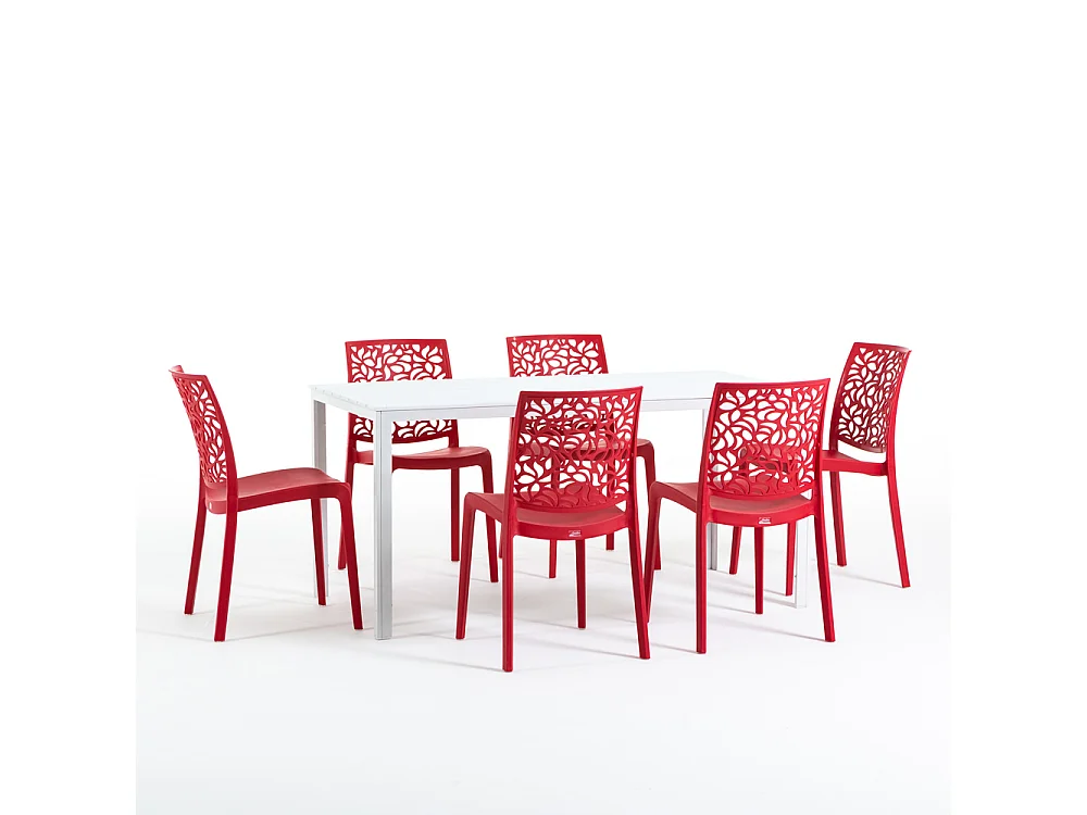 Lot de jardin avec table et 6 chaises, table rectangulaire avec structure en acier et chaises monobloc empilables en résine – Thomas+Anna/Rouge-Blanc