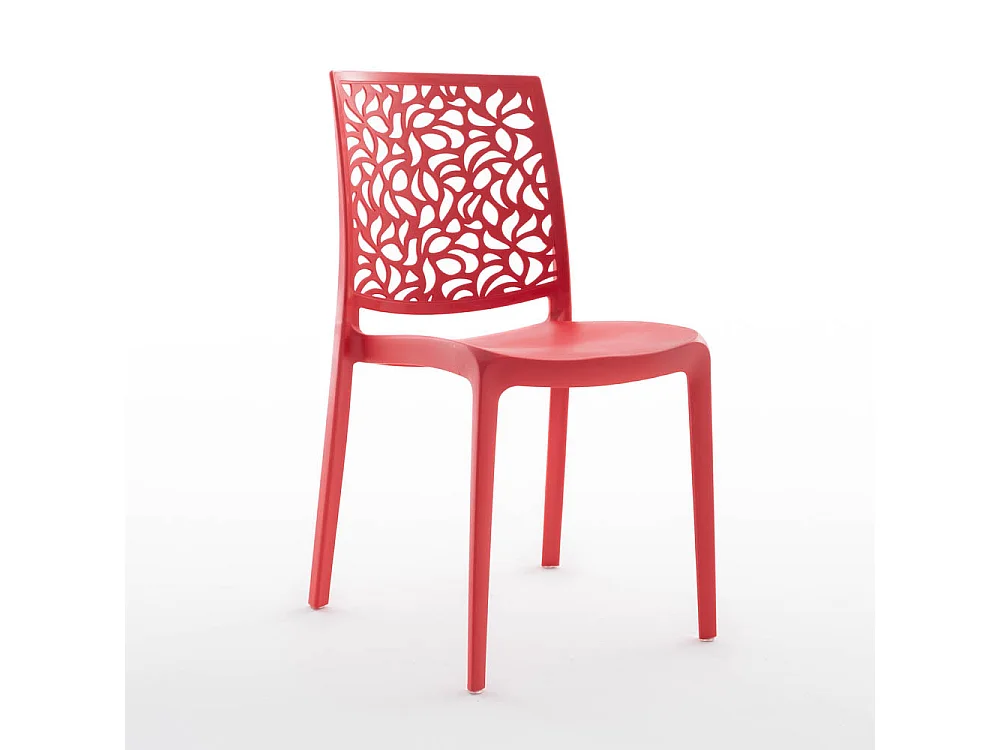 Lot de jardin avec table et 6 chaises, table rectangulaire avec structure en acier et chaises monobloc empilables en résine – Thomas+Anna/Rouge-Blanc