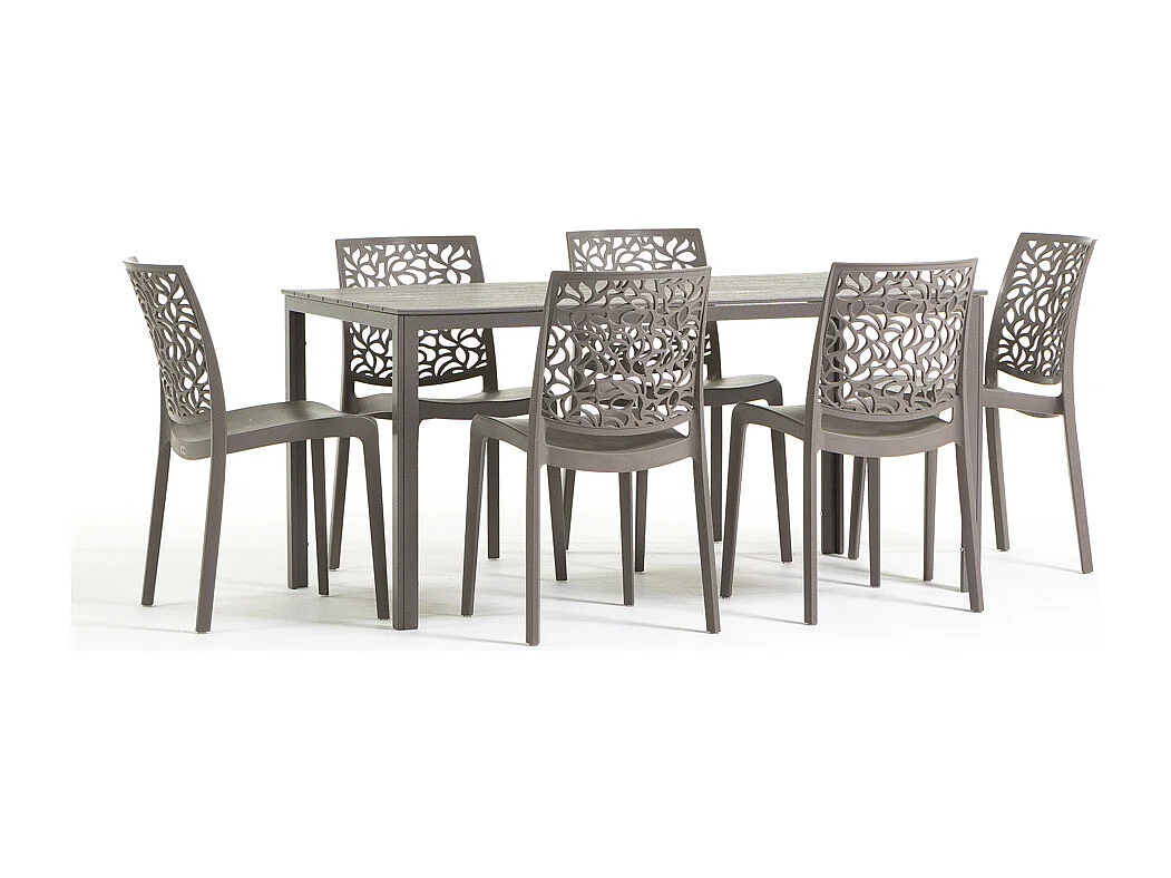 Lot de jardin avec table et 6 chaises, table rectangulaire avec structure en acier et chaises monobloc empilables en résine – Thomas+Anna/Taupe