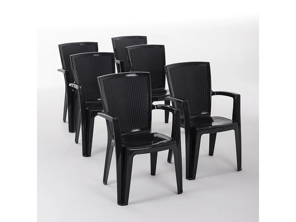 Set de 6 chaises monobloc en polypropylène avec fibre de verre, effet rotin, empilables pour extérieur et jardin, bar et restaurant - Diana - Noir