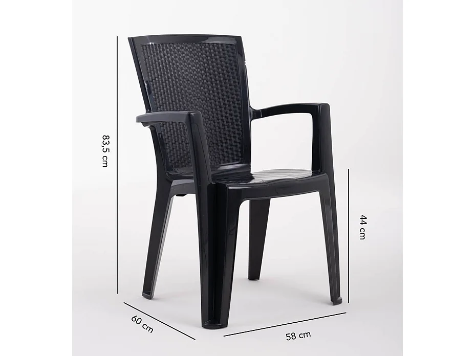 Set de 6 chaises monobloc en polypropylène avec fibre de verre, effet rotin, empilables pour extérieur et jardin, bar et restaurant - Diana - Noir