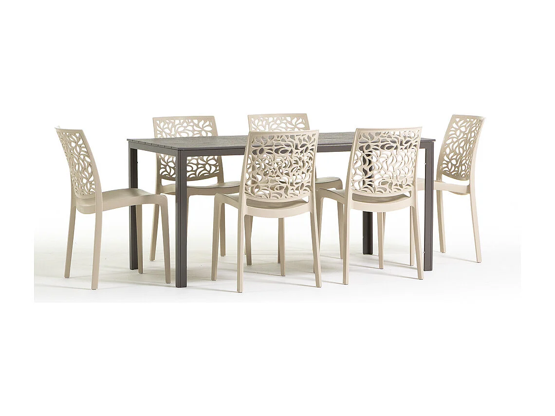 Lot de jardin avec table et 6 chaises, table rectangulaire avec structure en acier et chaises monobloc empilables en résine – Thomas+Anna/Crème-Taupe