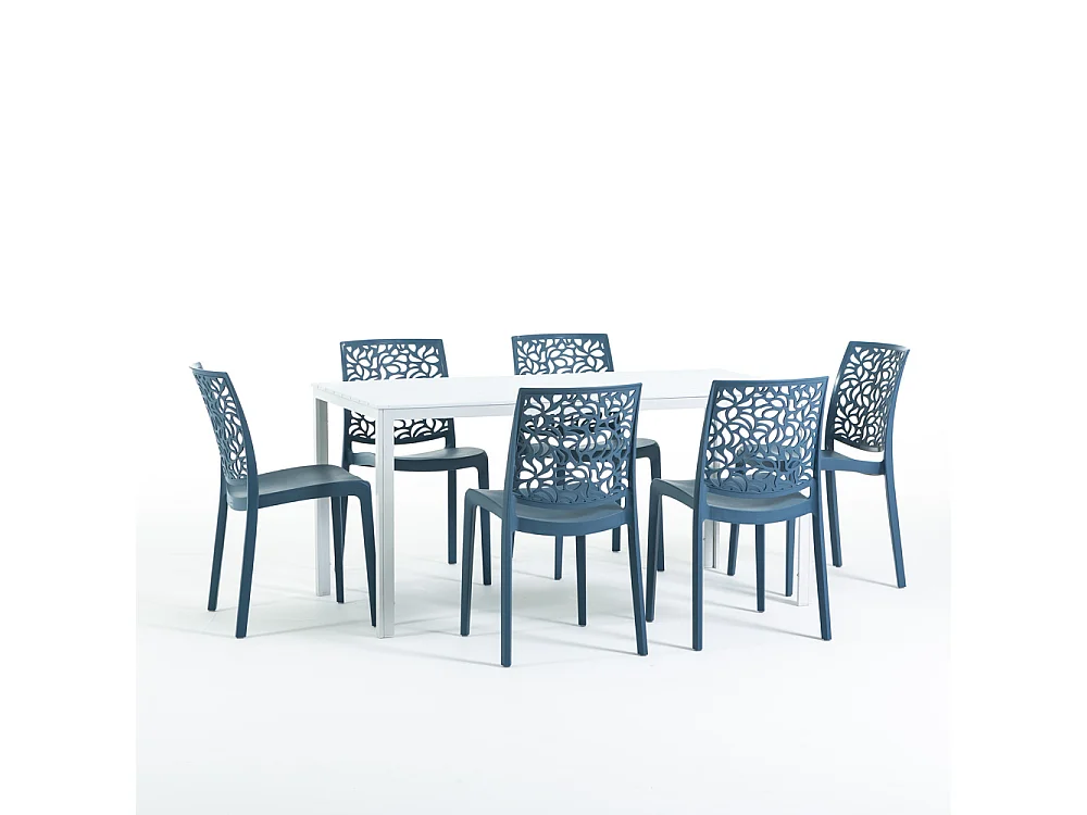 Lot de jardin avec table et 6 chaises, table rectangulaire avec structure en acier et chaises monobloc empilables en résine –Thomas+Anna/Pétrole-Blanc