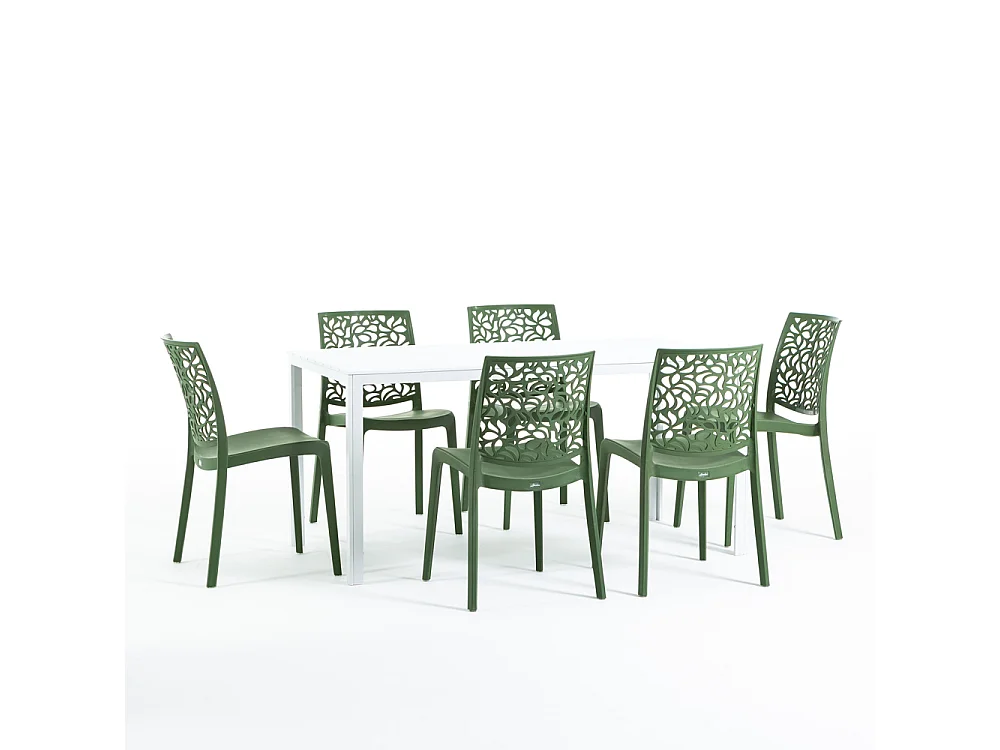 Lot de jardin avec table et 6 chaises, table rectangulaire avec structure en acier et chaises monobloc empilables en résine – Thomas+Anna/Olive-Blanc