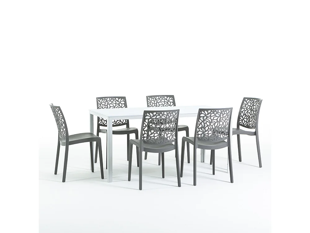 Lot de jardin avec table et 6 chaises, table rectangulaire avec structure en acier et chaises monobloc empilables en résine – Thomas+Anna/Gris-Blanc