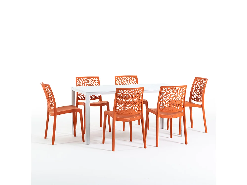 Lot de jardin avec table et 6 chaises, table rectangulaire avec structure en acier et chaises monobloc empilables en résine – Thomas+Anna/Papaye-Blanc