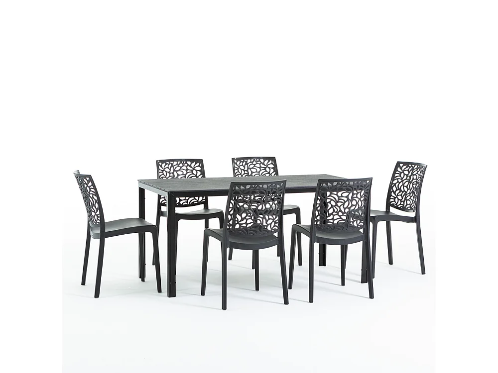 Lot de jardin avec table et 6 chaises, table rectangulaire avec structure en acier et chaises monobloc empilables en résine – Thomas+Anna/Noir-Noir