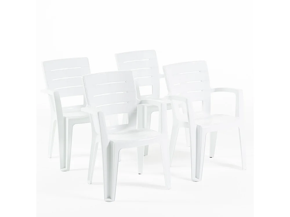 Set de 4 chaises monobloc en polypropylène avec fibre de verre, effet bois, empilables pour extérieur et jardin, bar et restaurant - Anita - Blanc