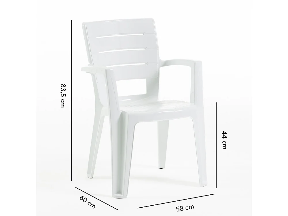 Set de 4 chaises monobloc en polypropylène avec fibre de verre, effet bois, empilables pour extérieur et jardin, bar et restaurant - Anita - Blanc