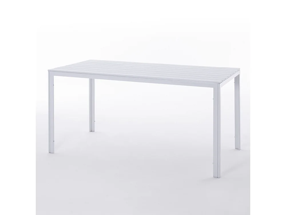 Set da giardino con tavolo e 6 sedie, tavolo rettangolare con struttura in acciaio e sedie monoblocco impilabili in resina – Thomas + Anna / Bianco-Bianco