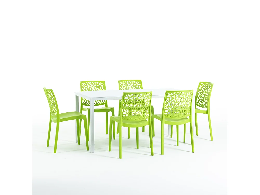Lot de jardin avec table et 6 chaises,table rectangulaire avec structure en acier,chaises monobloc empilables en résine–Thomas+Anna/Citron vert-Blanc