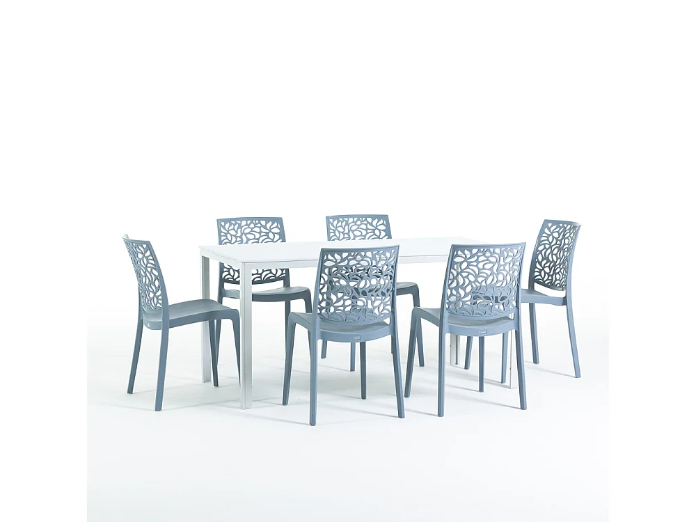 Lot de jardin avec table et 6 chaises, table rectangulaire avec structure en acier et chaises monobloc empilables en résine – Thomas+Anna/Ciment-Blanc
