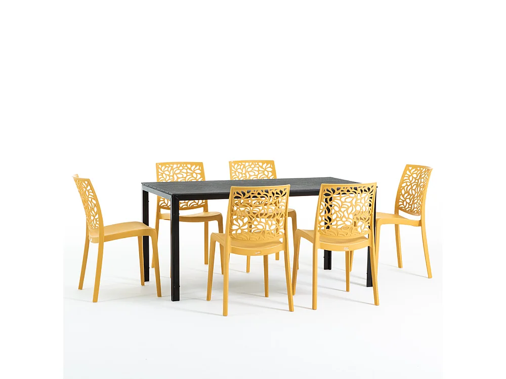 Lot de jardin avec table et 6 chaises, table rectangulaire avec structure en acier et chaises monobloc empilables en résine –Thomas+Anna/Moutarde-Noir