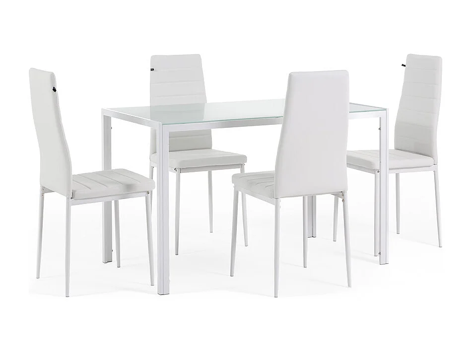 Ensemble de salle à manger avec 4 chaises et table rectangulaire, style moderne, plateau en verre trempé, chaises en similicuir – Ettore+Lidia/Blanc