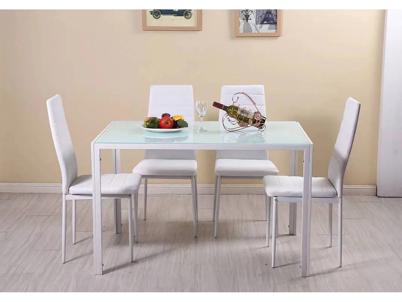 Ensemble de salle à manger avec 4 chaises et table rectangulaire, style moderne, plateau en verre trempé, chaises en similicuir – Ettore+Lidia/Blanc