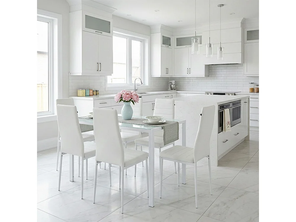 Ensemble de salle à manger avec 4 chaises et table rectangulaire, style moderne, plateau en verre trempé, chaises en similicuir – Ettore+Lidia/Blanc