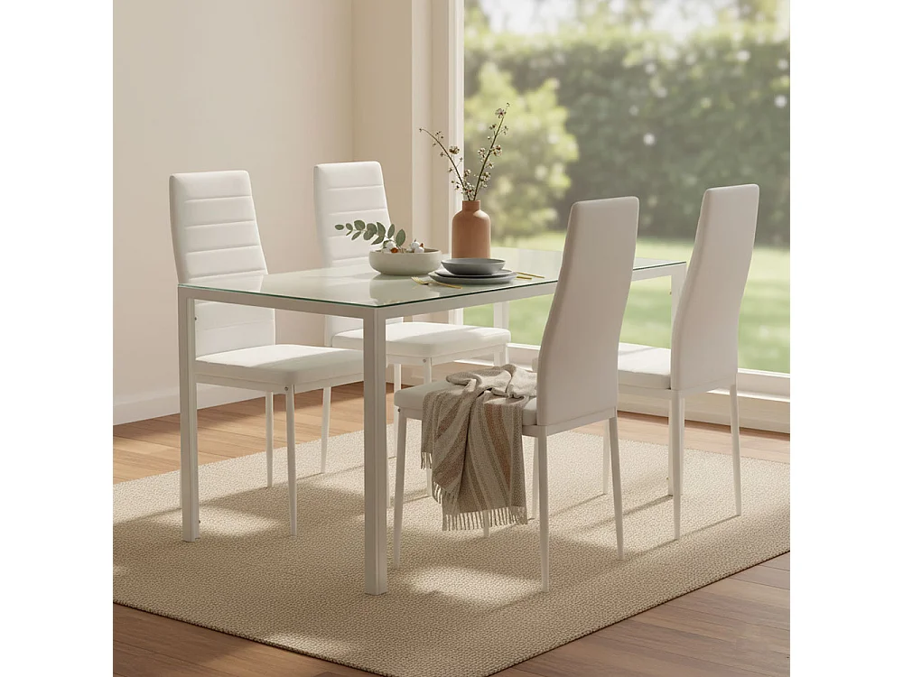 Ensemble de salle à manger avec 4 chaises et table rectangulaire, style moderne, plateau en verre trempé, chaises en similicuir – Ettore+Lidia/Blanc