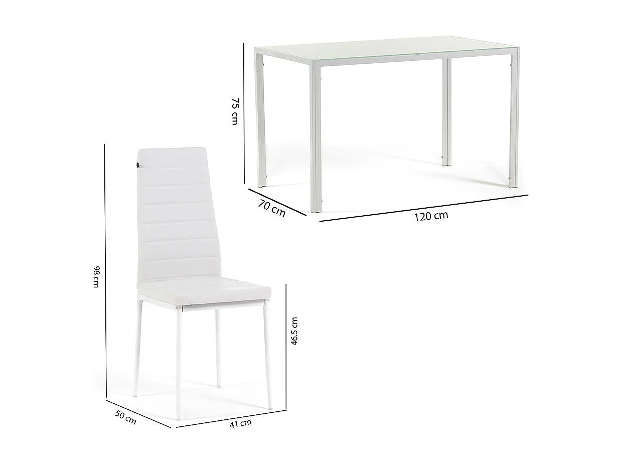 Ensemble de salle à manger avec 4 chaises et table rectangulaire, style moderne, plateau en verre trempé, chaises en similicuir – Ettore+Lidia/Blanc