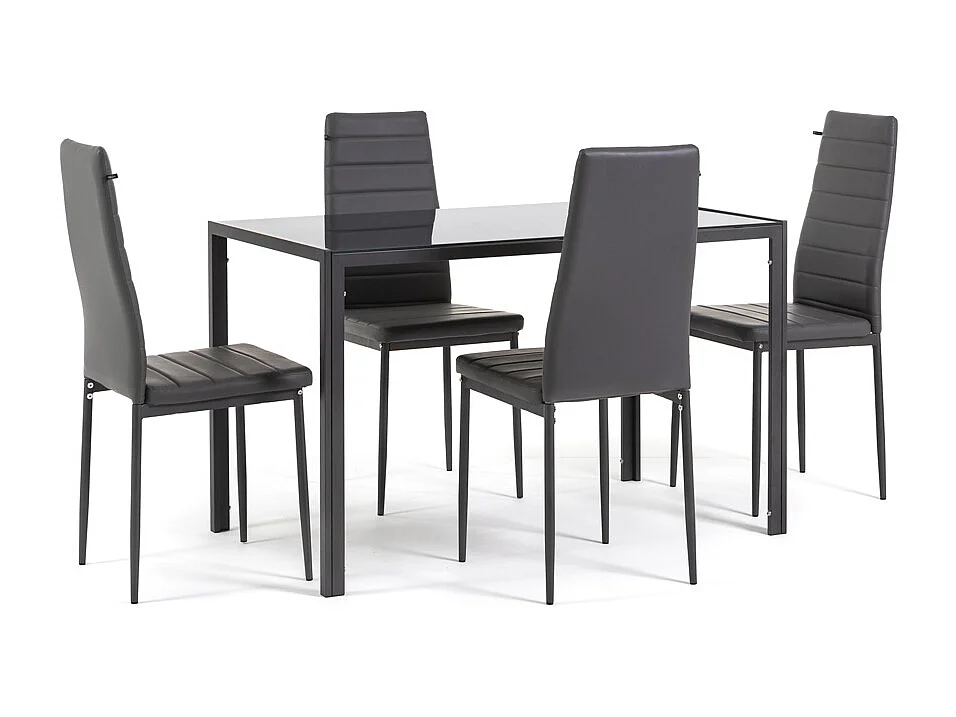 Ensemble de salle à manger avec 4 chaises et table rectangulaire, style moderne, plateau en verre trempé, chaises en similicuir – Ettore+Lidia/Gris