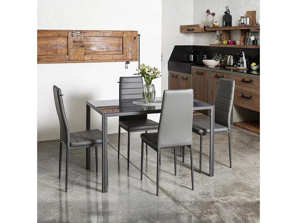 Ensemble de salle à manger avec 4 chaises et table rectangulaire, style moderne, plateau en verre trempé, chaises en similicuir – Ettore+Lidia/Gris