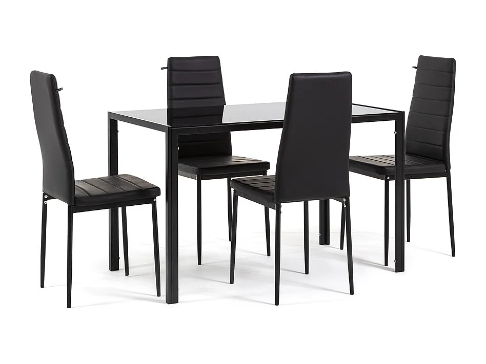 Ensemble de salle à manger avec 4 chaises et table rectangulaire, style moderne, plateau en verre trempé, chaises en similicuir – Ettore+Lidia/Noir
