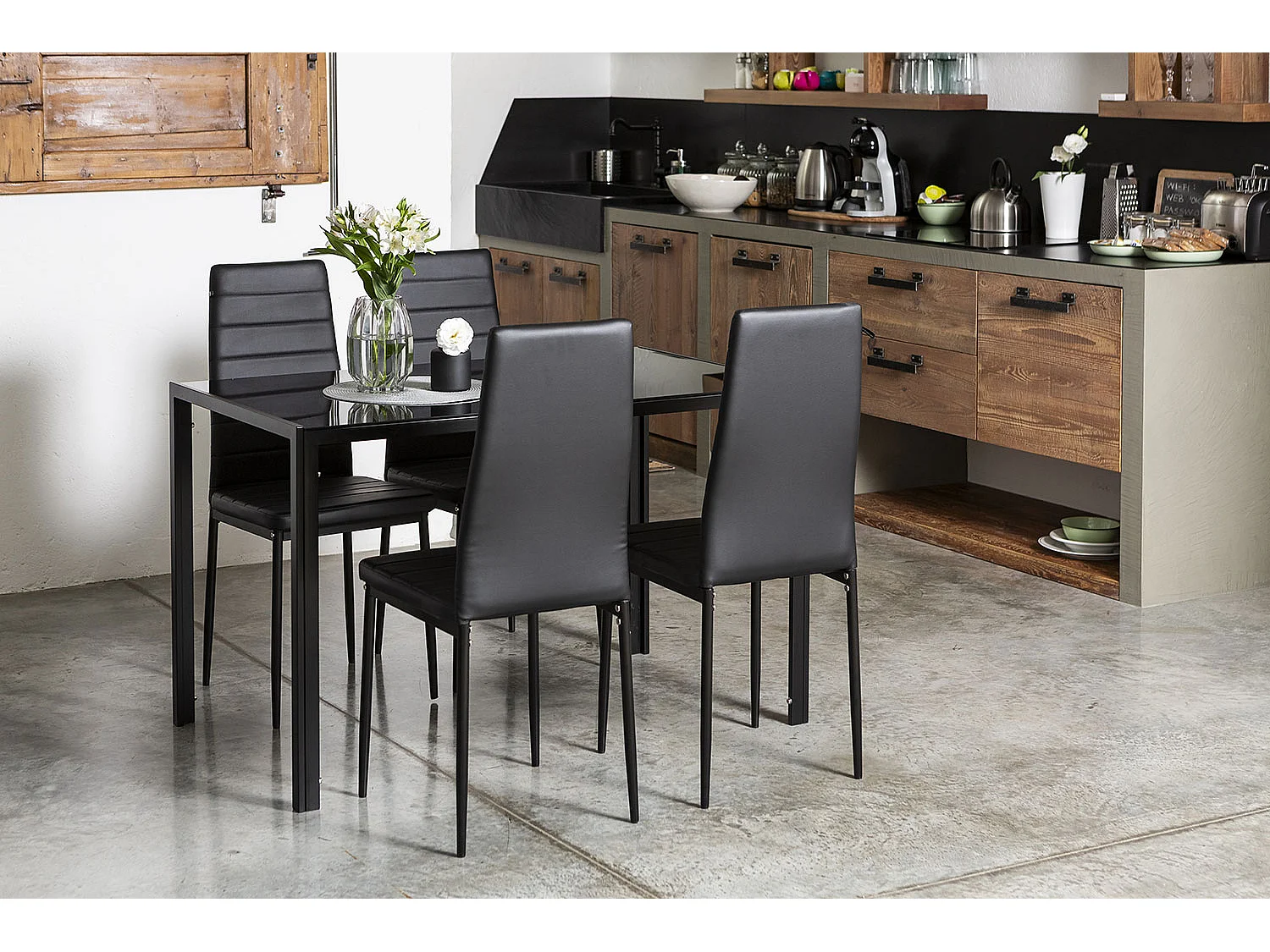 Ensemble de salle à manger avec 4 chaises et table rectangulaire, style moderne, plateau en verre trempé, chaises en similicuir – Ettore+Lidia/Noir