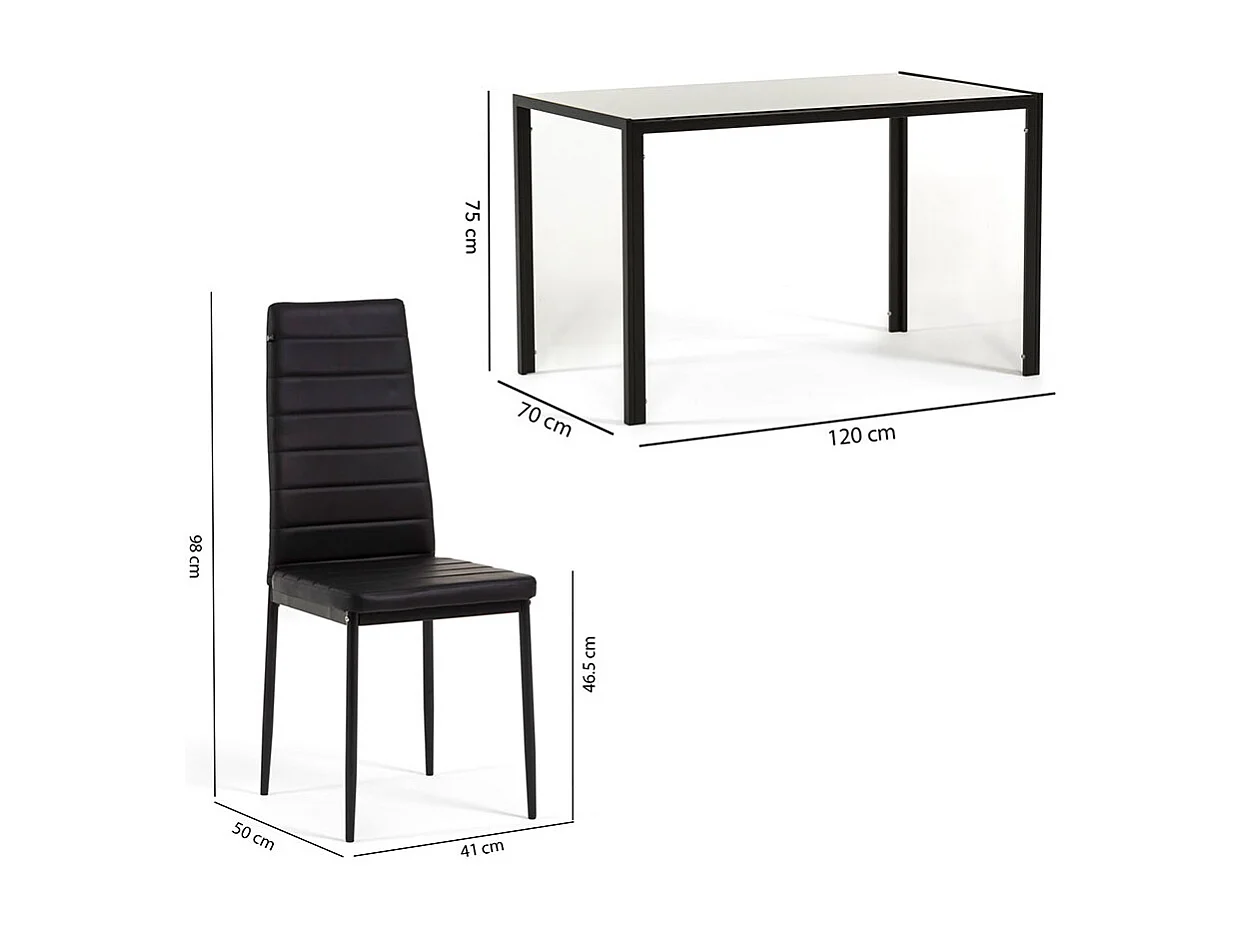 Ensemble de salle à manger avec 4 chaises et table rectangulaire, style moderne, plateau en verre trempé, chaises en similicuir – Ettore+Lidia/Noir