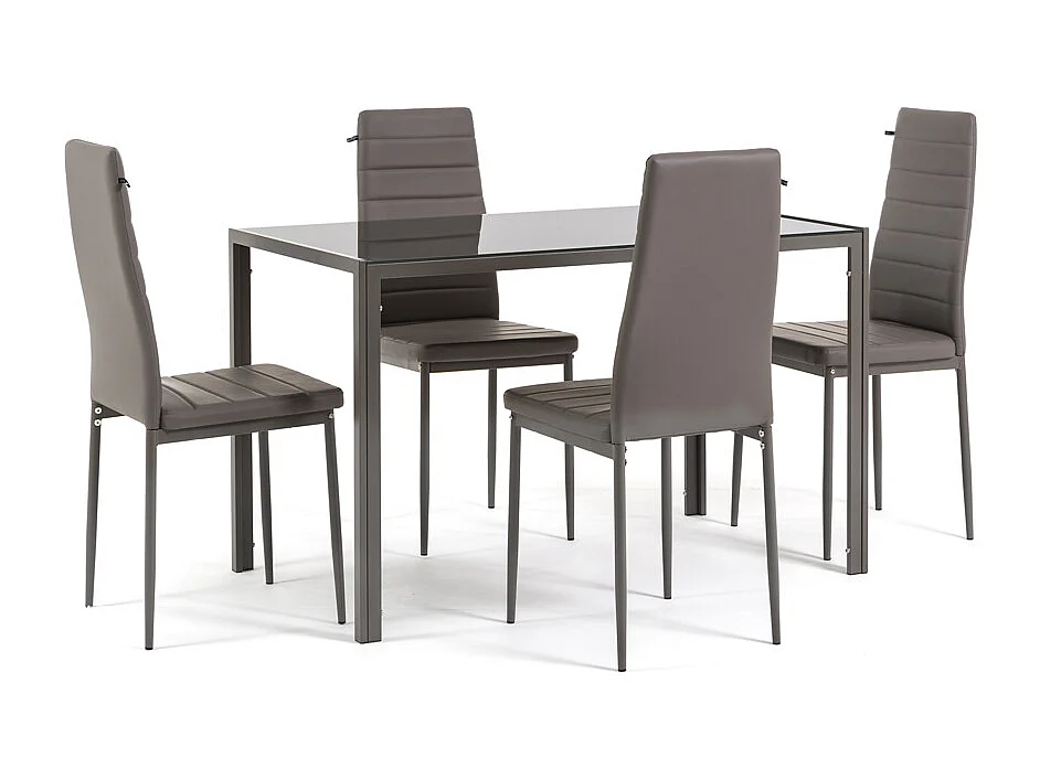 Ensemble de salle à manger avec 4 chaises et table rectangulaire, style moderne, plateau en verre trempé, chaises en similicuir – Ettore+Lidia/Taupe