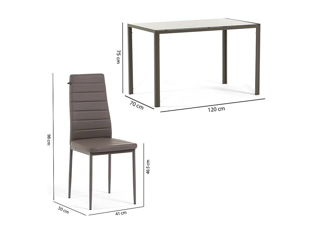 Ensemble de salle à manger avec 4 chaises et table rectangulaire, style moderne, plateau en verre trempé, chaises en similicuir – Ettore+Lidia/Taupe