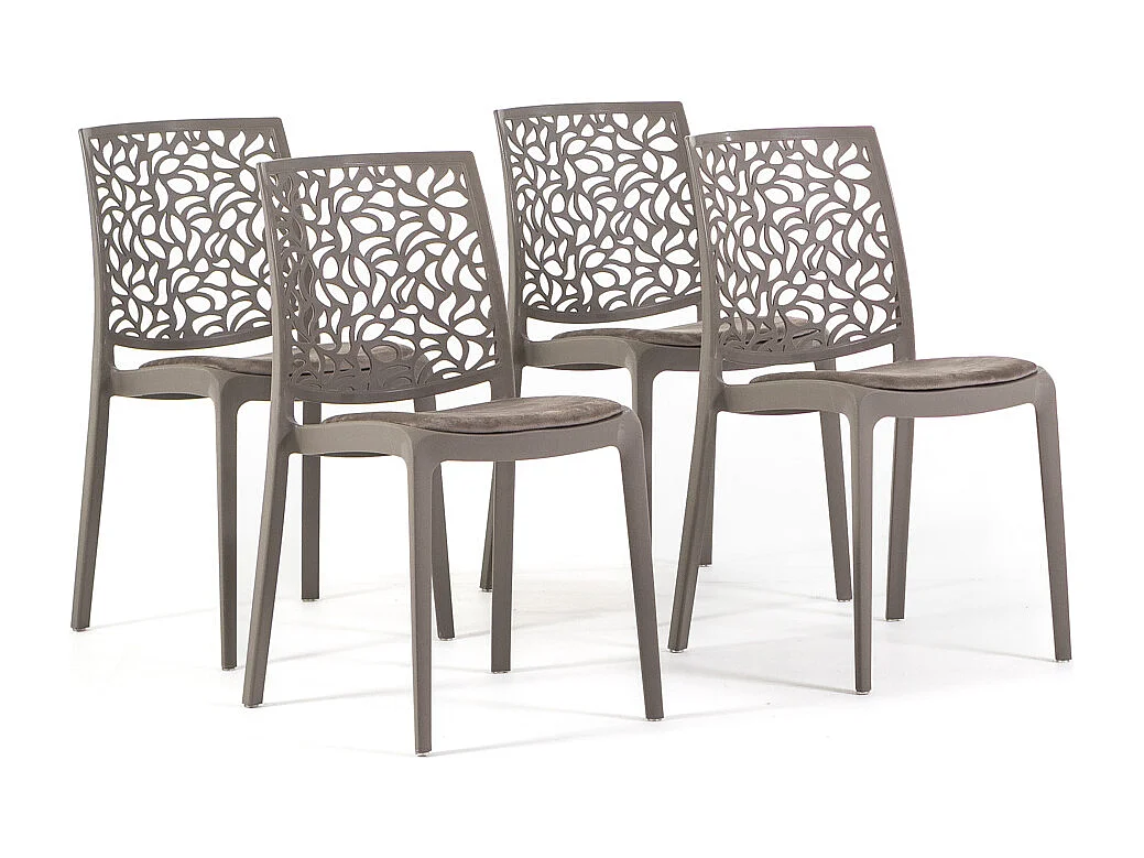 Lot de 4 chaises en polypropylène avec coussin, empilables, design moderne pour cuisine, salle à manger, bar ou restaurant – Anna – Taupe/Taupe