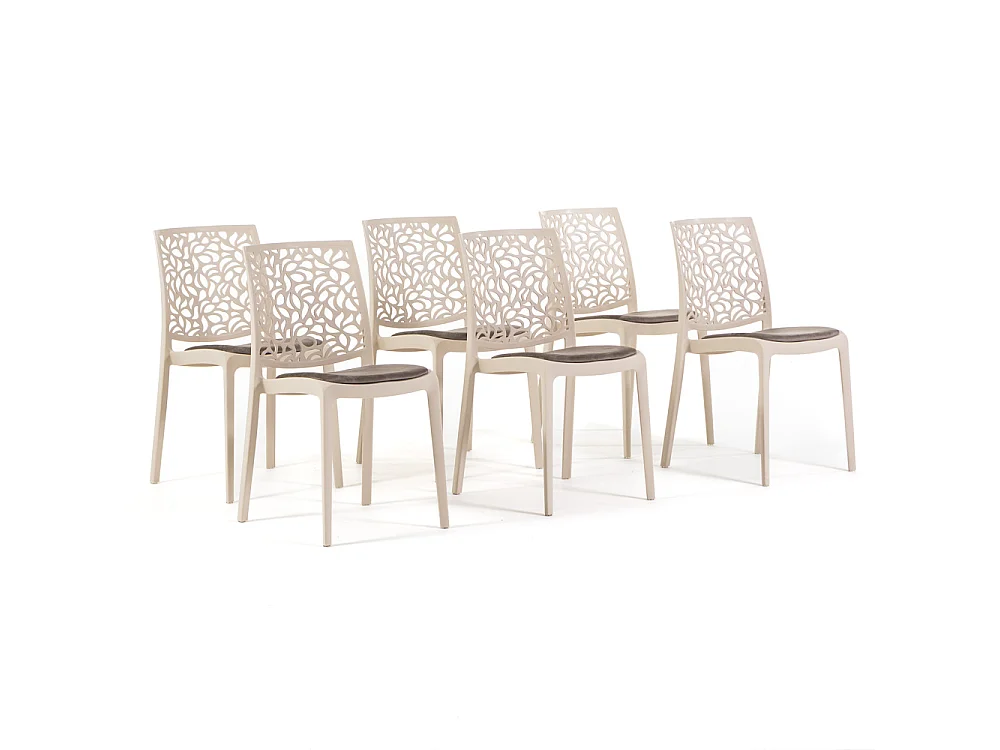 Lot de 6 chaises en polypropylène avec coussin, empilables, design moderne pour cuisine, salle à manger, bar ou restaurant – Anna – Crème/Taupe