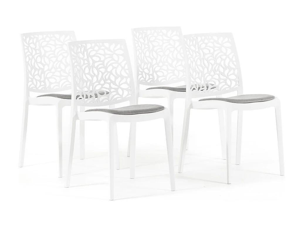 Lot de 4 chaises en polypropylène avec coussin, empilables, design moderne pour cuisine, salle à manger, bar ou restaurant – Anna – Blanc/Gris