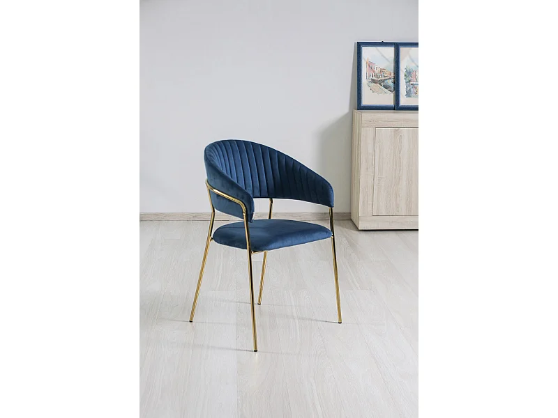 Set di 2 sedie da interno in velluto, imbottite, gambe in metallo, design elegante per sala da pranzo, cucina e ristoranti – Blu/Oro – Lea
