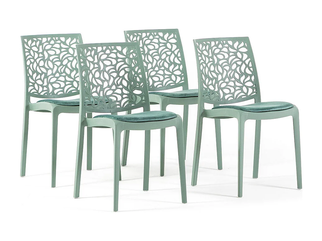 Lot de 4 chaises en polypropylène avec coussin, empilables, design moderne pour cuisine, salle à manger, bar ou restaurant – Anna – Vert sauge/Vert