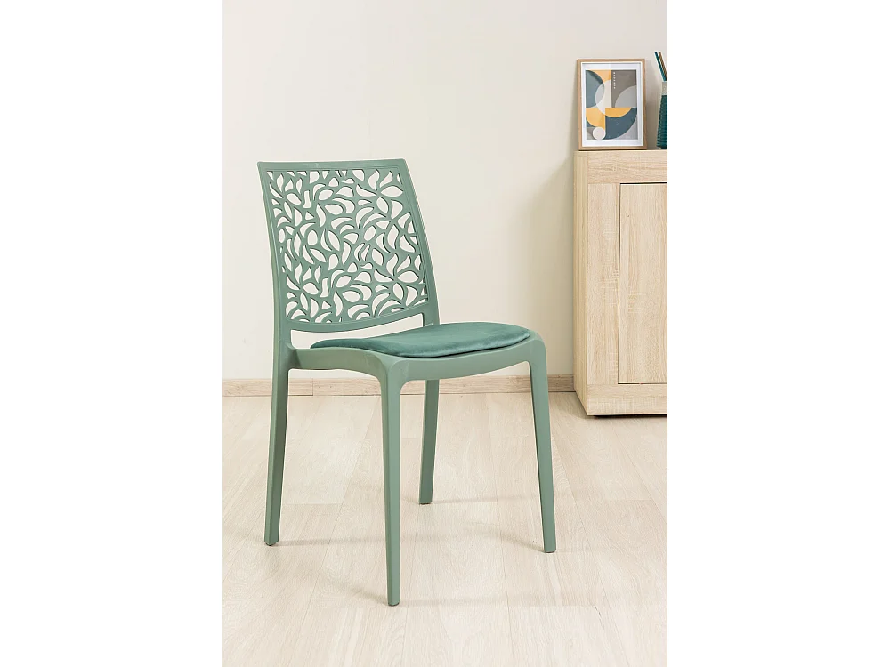 Lot de 4 chaises en polypropylène avec coussin, empilables, design moderne pour cuisine, salle à manger, bar ou restaurant – Anna – Vert sauge/Vert