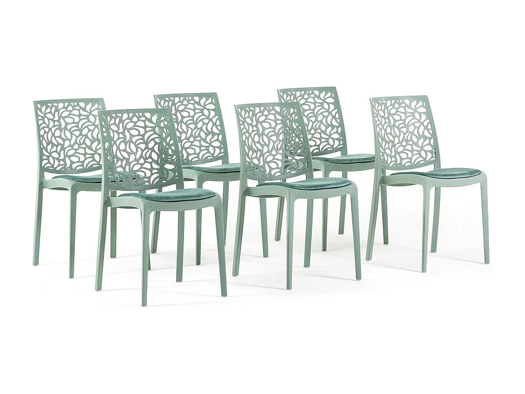 Lot de 6 chaises en polypropylène avec coussin, empilables, design moderne pour cuisine, salle à manger, bar ou restaurant – Anna – Vert sauge/Vert