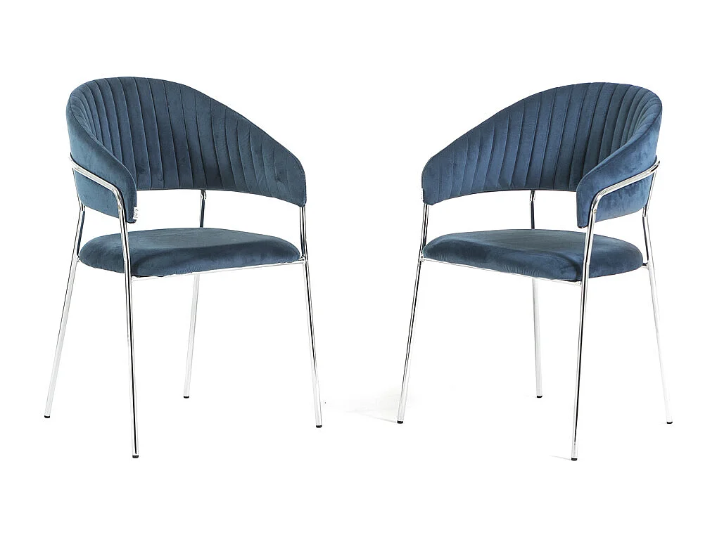 Lot de 2 chaises d’intérieur en velours, rembourrées, pieds en métal, design élégant pour salle à manger, cuisine, restaurants - Bleu/Argent - Lea