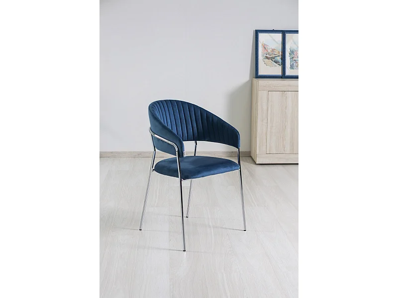Lot de 2 chaises d’intérieur en velours, rembourrées, pieds en métal, design élégant pour salle à manger, cuisine, restaurants - Bleu/Argent - Lea