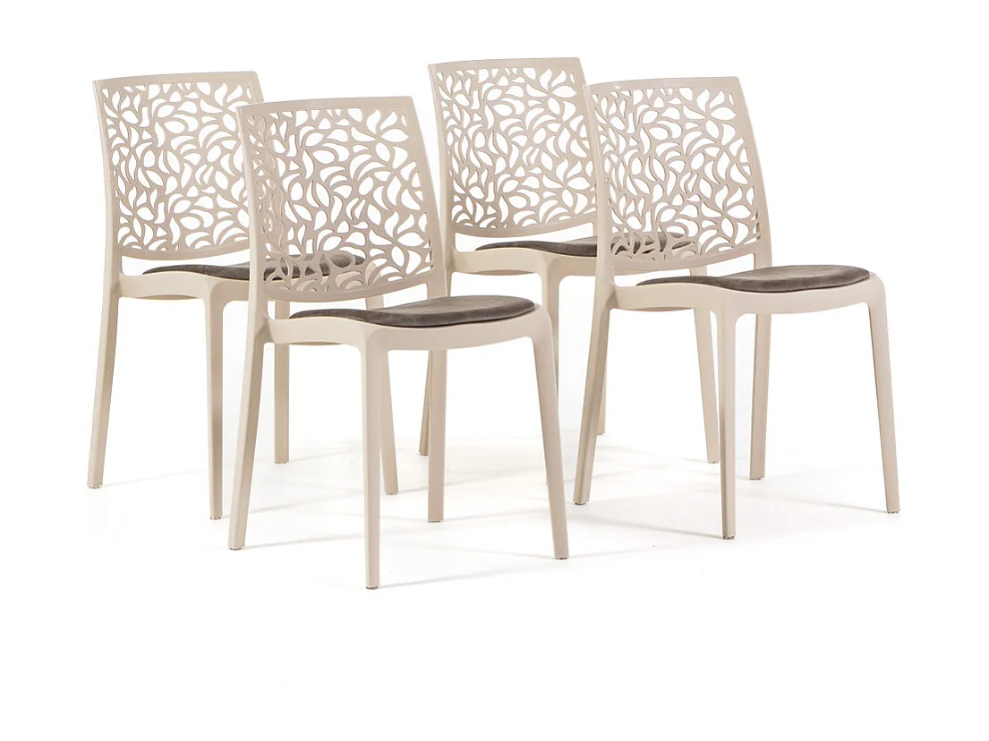 Lot de 4 chaises en polypropylène avec coussin, empilables, design moderne pour cuisine, salle à manger, bar ou restaurant – Anna – Crème/Taupe