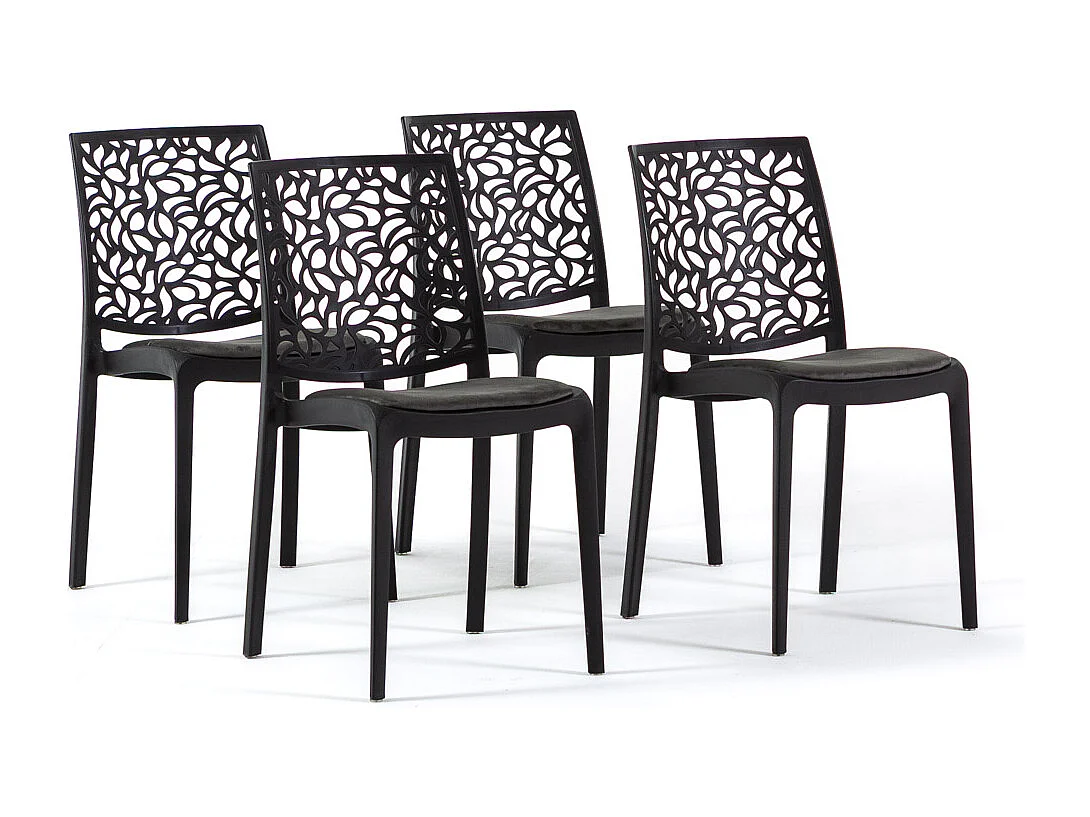 Lot de 4 chaises en polypropylène avec coussin, empilables, design moderne pour cuisine, salle à manger, bar ou restaurant – Anna – Noir/Gris