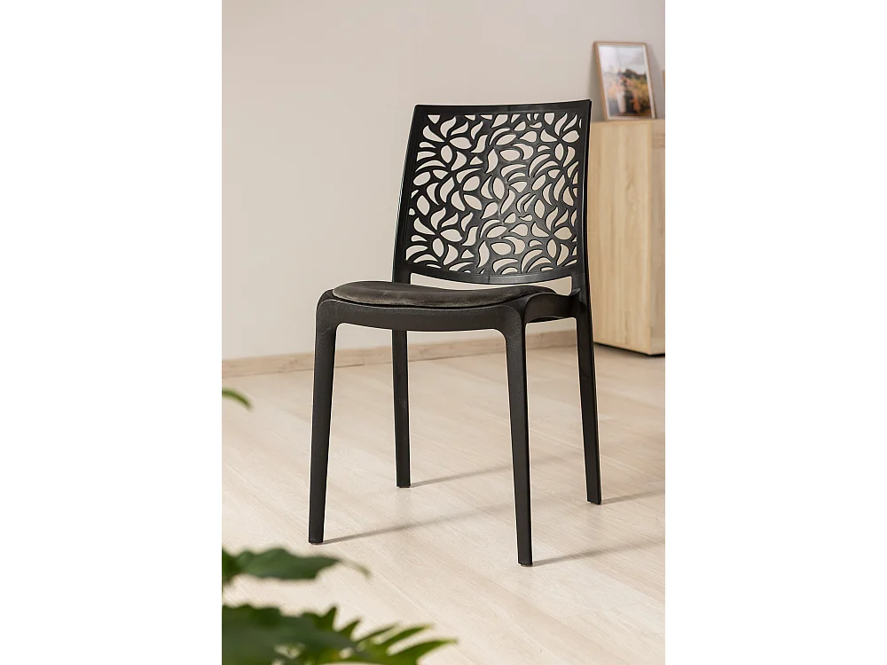 Lot de 4 chaises en polypropylène avec coussin, empilables, design moderne pour cuisine, salle à manger, bar ou restaurant – Anna – Noir/Gris