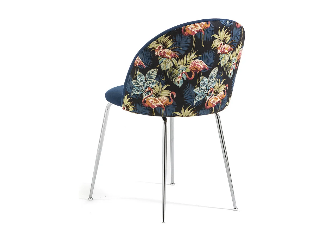 Lot de 2 chaises en velours décoratif d’intérieur, pieds en métal, design élégant pour cuisine, salle à manger, restaurant –Sara–Flamants roses/Argent