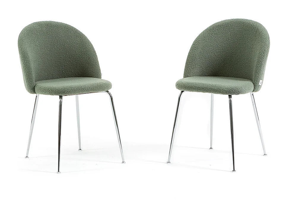 Set di 2 sedie da interno in tessuto teddy, gambe in metallo, imbottite per cucina, sala da pranzo e ristorante – Sara Teddy – Verde salvia/Argento
