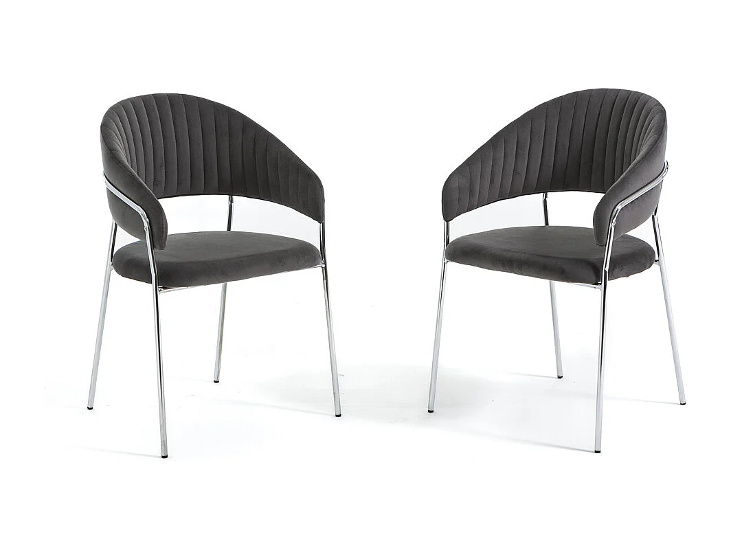 Lot de 2 chaises d’intérieur en velours, rembourrées, pieds en métal, design élégant pour salle à manger, cuisine, restaurants -Gris foncé/Argent- Lea