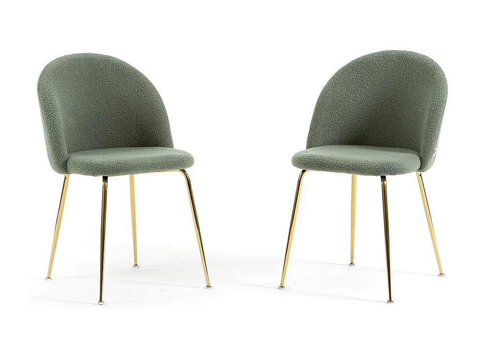 Set di 2 sedie da interno in tessuto teddy, gambe in metallo, imbottite per cucina, sala da pranzo, bar o ristorante – Sara Teddy – Verde salvia/Oro