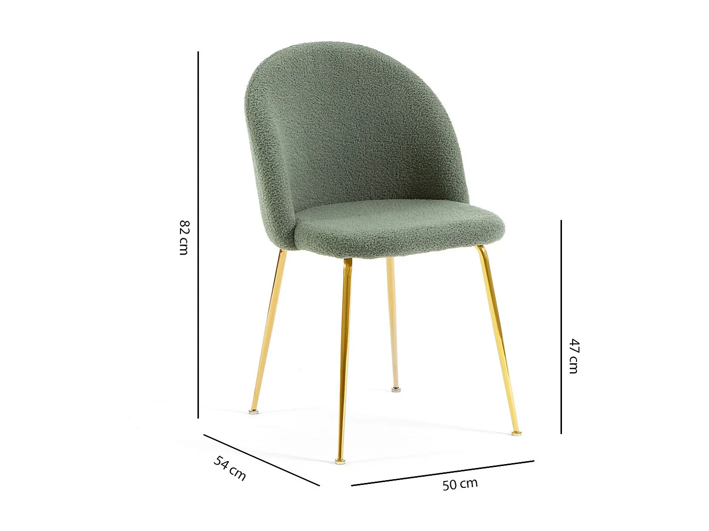 Set di 2 sedie da interno in tessuto teddy, gambe in metallo, imbottite per cucina, sala da pranzo, bar o ristorante – Sara Teddy – Verde salvia/Oro